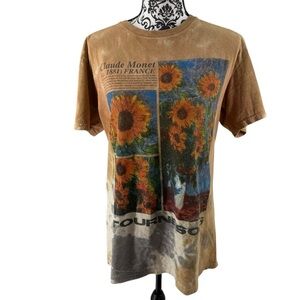 Vintage Claude Monet Sunflowers Graphic Tee Brown Tie Dye Artistic Streetwear M
